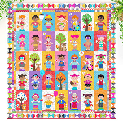 Colorful quilt with cartoon characters and geometric patterns