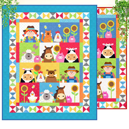 Colorful quilt with farm animal and character patterns on a white background